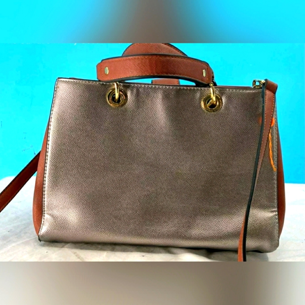 Michael Kors MK Cynthia Silver metallic Brown Leather Tote Satchel Purse Handbag